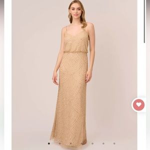 Adrianna Papell Art Deco Beaded Blouson Gown bridesmaid Champagne Gold size 6 R